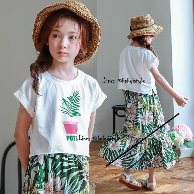  Salesเด็กโต-เสื้อยืดOver Size ทรงครอปสั้นสีขาวลายต้นไม้POTS แขนสั้นพับเบิ้ลไซส์ 140/160 รหัส KKK923