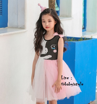  Sales เด็กโต-เดรสแขนกุดสีขาวลายแมวเหมียวช่วงกระโปรงผ้าตาข่าย 4 ชั้น ไซส์ 160 รหัส KKK876