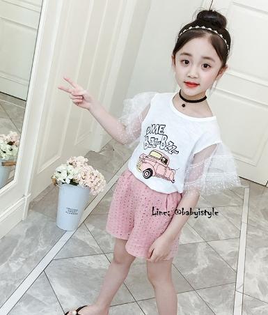 Sales เด็กโต-ชุด2ชิ้นเสื้อยืดสีขาวลายรถCOME BZZ-BZZ+กางเกงขาสั้นฉลุสีชมพูไซส์ 140/150 รหัส KKL079