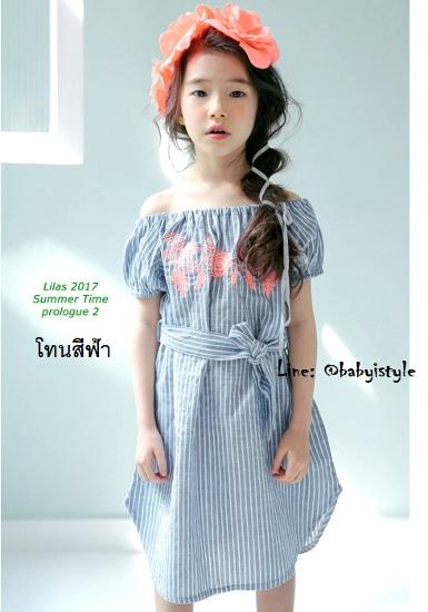  Sales เด็กโต-เดรสสม็อคเกาะอกลายริ้วสีฟ้าชายโค้ง ผูกริบบิ้นที่เอว ไซส์ 150/160รหัสKKL027A