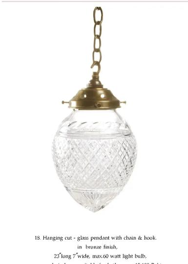 Crystal Hanging Lamp brass in antique color finish Item Code Lamp ELS18AT size wide 7'' long 23 cm. Crystal Hanging Lamp brass in antique color finish Item Code Lamp ELS18AT size wide 7'' long 23 cm.